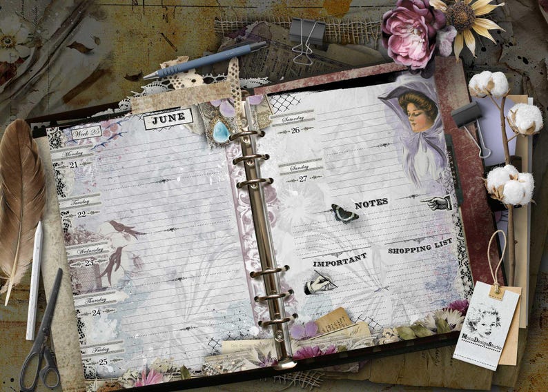 An open ring-bound planner featuring a vintage-style layout for June. The pages include lined sections for days of the week, notes, and shopping lists, decorated with floral motifs, a butterfly, and a portrait of a person in a bonnet.