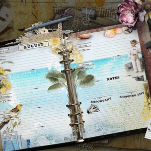An open ring-bound planner featuring August calendar pages with tropical palm tree, bird, and floral illustrations. The layout includes sections for notes, important tasks, and a shopping list, accented with vintage-style graphics and text.