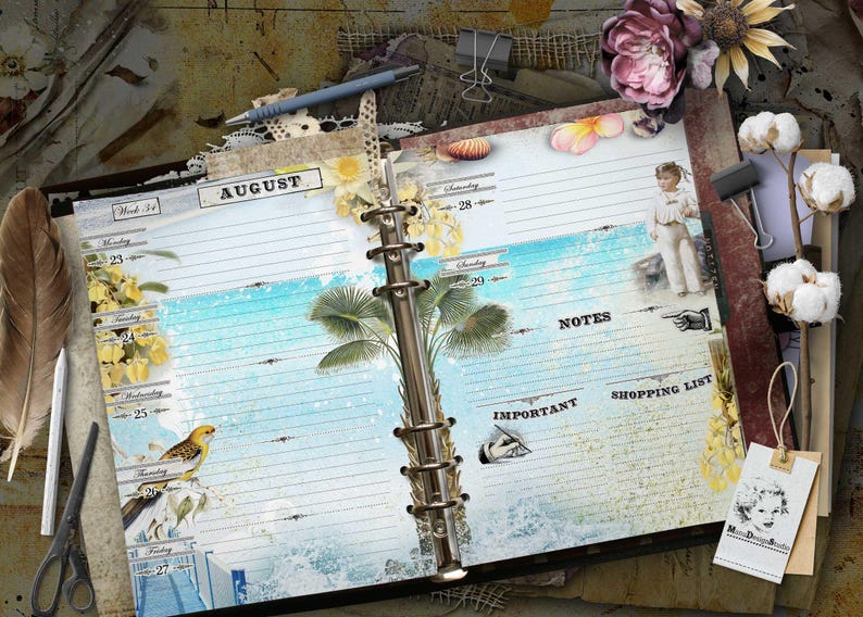 An open ring-bound planner featuring August calendar pages with tropical palm tree, bird, and floral illustrations. The layout includes sections for notes, important tasks, and a shopping list, accented with vintage-style graphics and text.