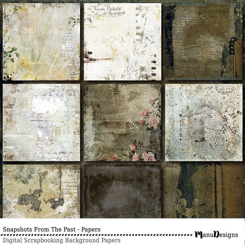 May include: Nine digital scrapbook paper backgrounds with vintage textures and designs. The papers feature faded colors, handwritten text, floral patterns, and distressed edges. The papers are perfect for creating digital scrapbook pages, cards, and other crafts.