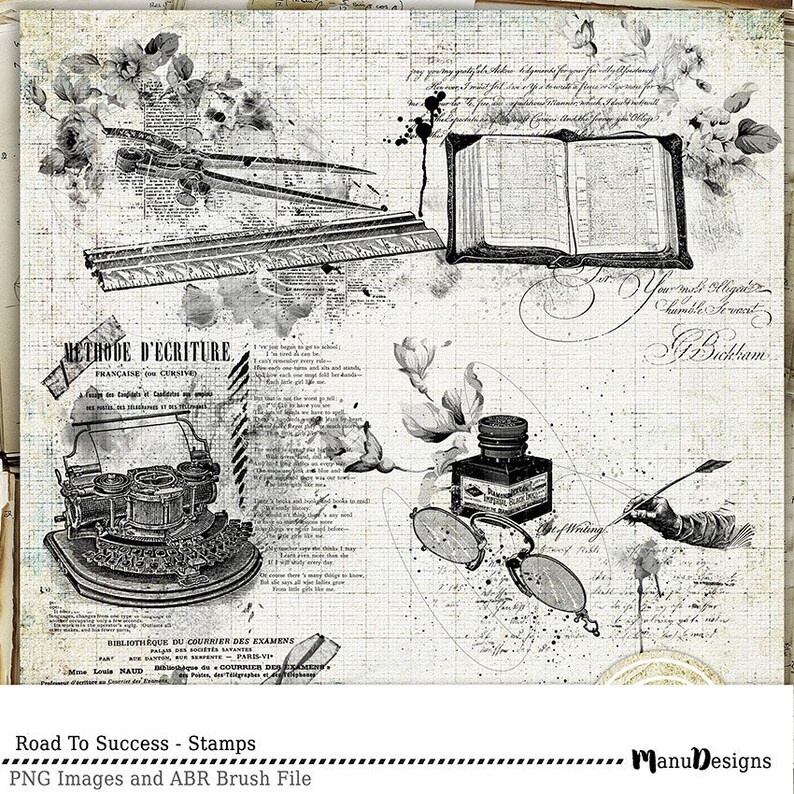 Pu&ograve; includere: Set di timbri digitali in bianco e nero con illustrazioni vintage di una macchina da scrivere, una bussola, un righello, un libro, un flacone di inchiostro, un paio di occhiali, una penna stilografica e un fiore. I timbri sono progettati per lo scrapbooking, la creazione di biglietti e altri lavori di artigianato.