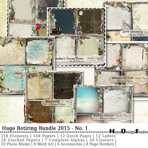 May include: A digital scrapbooking kit with a variety of papers, elements, and embellishments. The kit includes 318 elements, 168 papers, 12 quick pages, 12 labels, 28 stacked papers, 7 complete alphas, 30 clusters, 10 photo masks, 8 word art, 6 accessories, and 4 page borders.