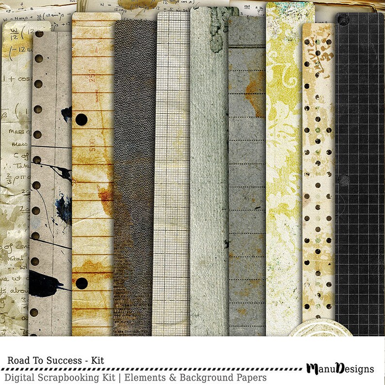 May include: A digital scrapbooking kit with 10 different paper textures. The papers feature a variety of patterns, including grid, lined, polka dot, and floral. The papers are in shades of brown, gray, and white.