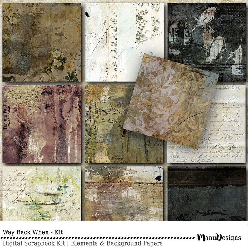 May include: A digital scrapbook kit with nine vintage-style papers featuring textures, patterns, and handwritten text. The papers are in shades of brown, beige, gray, and white.