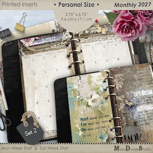 May include: Personal size 3.75 x 6.75 inch monthly 2027 printed planner inserts featuring floral designs, calendar grids, and inspirational quotes including Start where you are, Use what you have, Do what you can and Optimism is the faith.