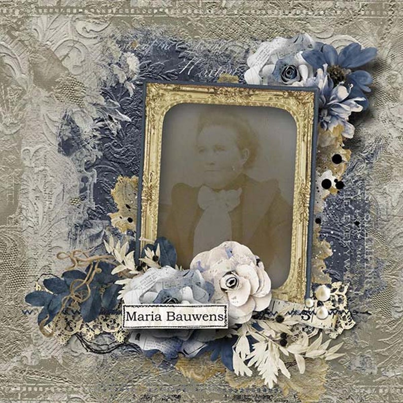 May include: A vintage-style photo of a woman in a white blouse and dark jacket is framed in a gold frame. The frame is surrounded by blue and white flowers, lace, and other decorative elements. The text "Maria Bauwens" is printed on a white label.