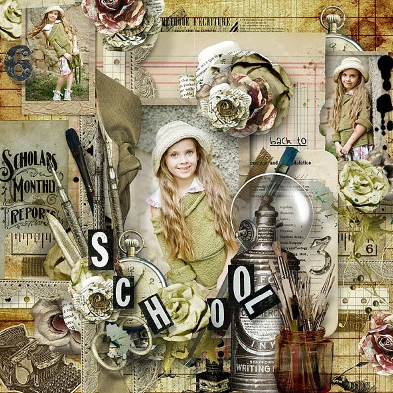 Pu&ograve; includere: Un collage di ispirazione vintage con un tema scolastico. L'immagine presenta una giovane ragazza con un cappello, una bottiglia d'inchiostro, una lente d'ingrandimento e un orologio. Il testo "Scholars Monthly Reports" e "back to" &egrave; visibile nell'immagine.