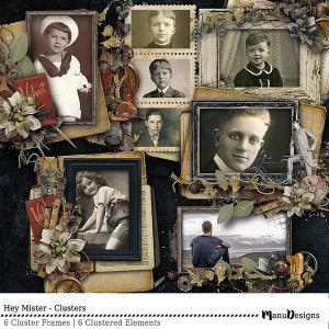 Pode incluir: Uma colagem de fotografias antigas em várias molduras, com um fundo escuro e elementos decorativos como flores, folhas e uma bússola. As molduras estão agrupadas em um arranjo criativo.