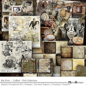 Peut inclure: Un kit de scrapbooking numérique sur le thème du café. Le kit comprend des images, des papiers, des tampons et des superpositions de style vintage. Les images représentent des tasses à café, des cafetières et des grains de café. Le texte "But First... Coffee! Full Collection" est visible en bas de l'image.