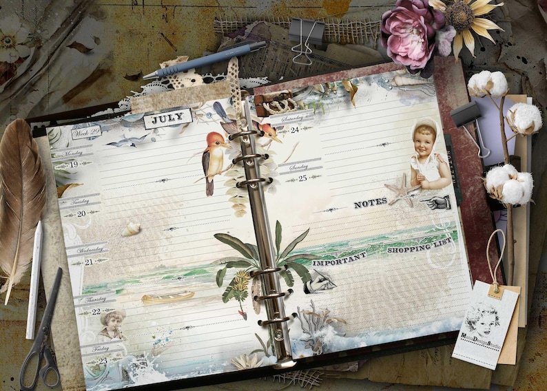 An open ring-bound planner with lined pages for July, featuring vintage-style illustrations of a bird, a child, a palm tree, and a canoe. The layout includes sections for notes, important tasks, and a shopping list with decorative elements.