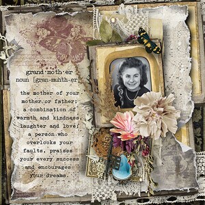May include: A vintage-style collage with a black and white photo of a woman, a definition of the word "grandmother", and floral accents. The collage is framed with lace and has a distressed, aged look.