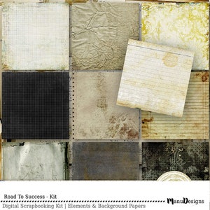 May include: A digital scrapbooking kit with nine different textured paper backgrounds. The papers feature a variety of patterns, including grid, lined, and distressed textures. The kit is titled "Road To Success - Kit" and includes the text "Digital Scrapbooking Kit | Elements & Background Papers".