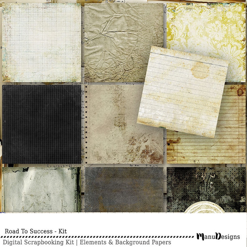 May include: A digital scrapbooking kit with nine different textured paper backgrounds. The papers feature a variety of patterns, including grid, lined, and distressed textures. The kit is titled "Road To Success - Kit" and includes the text "Digital Scrapbooking Kit | Elements & Background Papers".