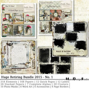 May include: A digital scrapbooking kit with a vintage aesthetic. The kit includes 318 elements, 168 papers, 12 quick pages, 12 labels, 28 stacked papers, 7 complete alphas, 30 clusters, 10 photo masks, 8 word art, 6 accessories, and 4 page borders. The kit is titled "Huge Retiring Bundle 2015 - No. 1" and is by ManuDesignStudio.