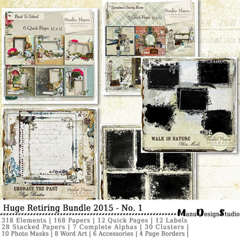 May include: A digital scrapbooking kit with a vintage aesthetic. The kit includes 318 elements, 168 papers, 12 quick pages, 12 labels, 28 stacked papers, 7 complete alphas, 30 clusters, 10 photo masks, 8 word art, 6 accessories, and 4 page borders. The kit is titled "Huge Retiring Bundle 2015 - No. 1" and is by ManuDesignStudio.