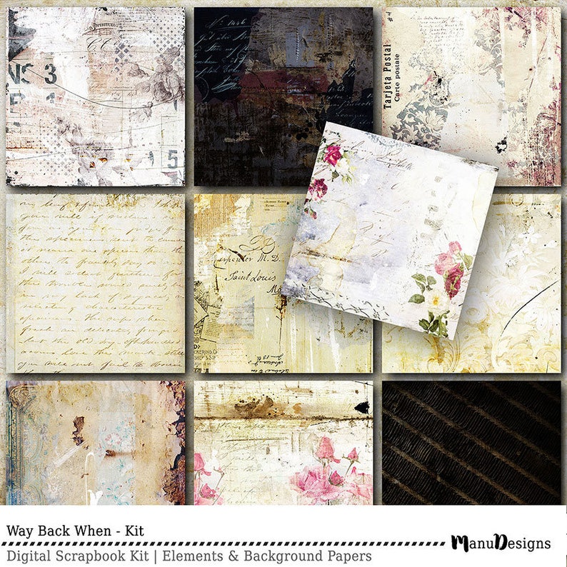 May include: A digital scrapbook kit with a vintage aesthetic. The kit includes nine background papers with distressed textures, faded colors, and floral patterns. The papers feature handwritten text, including the words "Tarjeta Postal" and "Carte postale".