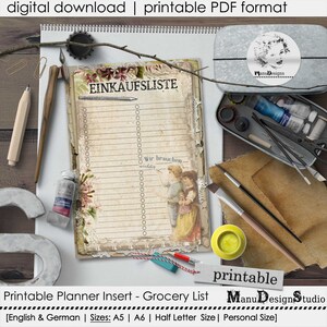 May include: Printable grocery list planner insert with a vintage design. The list is in German and English and features a couple of children on the side. The list is titled "EINKAUFSLISTE" and says "Wir brauchen wichtig" at the bottom.