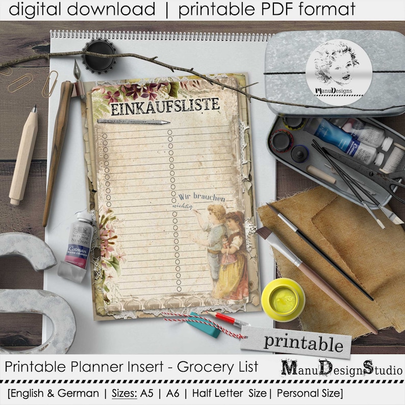 May include: Printable grocery list planner insert with a vintage design. The list is in German and English and features a couple of children on the side. The list is titled "EINKAUFSLISTE" and says "Wir brauchen wichtig" at the bottom.