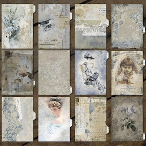 May include: A collection of twelve vintage-style file folder designs. Each folder features a unique design with floral, bird, and portrait illustrations in muted blue, beige, and cream tones. The folders have a distressed, aged appearance.
