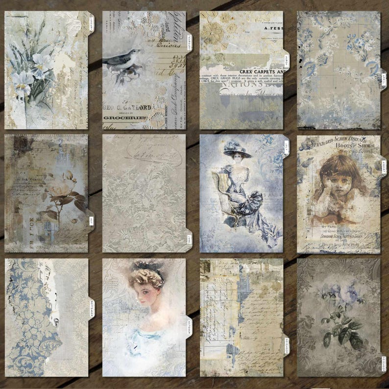 May include: A collection of twelve vintage-style file folder designs. Each folder features a unique design with floral, bird, and portrait illustrations in muted blue, beige, and cream tones. The folders have a distressed, aged appearance.