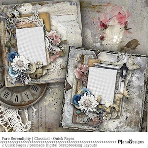 Könnte beinhalten: Zwei digitale Scrapbooking-Layouts mit Vintage-Ästhetik. Jedes Layout verfügt über einen weißen Rahmen mit einer Spitzenbordüre und floralen Verzierungen. Die Rahmen sind vor einem Hintergrund aus verwittertem Papier und Spitze platziert.