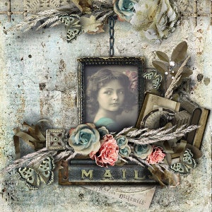 May include: A vintage-inspired collage featuring a framed portrait of a young girl with brown hair and blue eyes, surrounded by flowers, butterflies, and a chain hanging from the top. The collage has a rustic, distressed background with the word "MAIL" in metal letters.