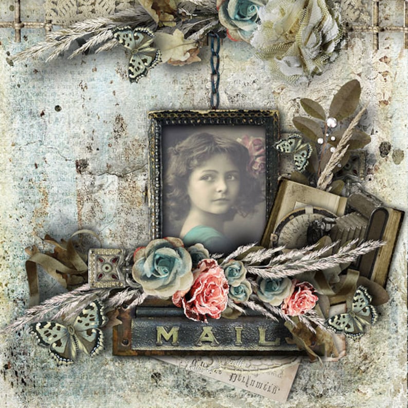 May include: A vintage-inspired collage featuring a framed portrait of a young girl with brown hair and blue eyes, surrounded by flowers, butterflies, and a chain hanging from the top. The collage has a rustic, distressed background with the word "MAIL" in metal letters.