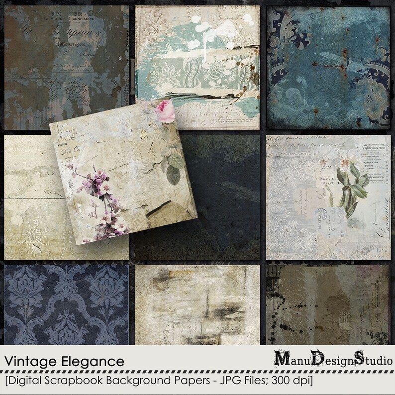 May include: A collection of digital scrapbook background papers with a vintage aesthetic. The papers feature distressed textures, floral elements, and faded text. Colors include muted blues, greens, and creams. The text "Vintage Elegance" is visible.