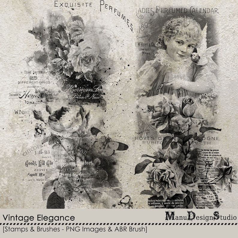 May include: A vintage-style digital collage in grayscale featuring floral and botanical illustrations, a child with a dove, and text elements. The design includes roses, butterflies, and various text overlays, with the words "Vintage Elegance" at the bottom.