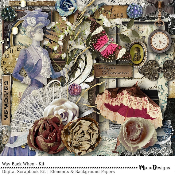 Digital Scrapbook Kit, Vintage Scrapbooking, Instant Download, Vintage Paper, Shabby Paper, Scrapbook Paper, Genealogy Scrapbook, Clipart