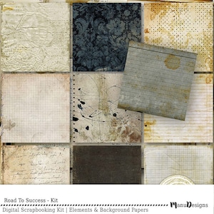May include: A digital scrapbooking kit with 10 vintage-style papers. The papers feature different textures and patterns, including graph paper, lined paper, and a blue damask pattern. The kit is perfect for creating unique and personalized scrapbook pages.