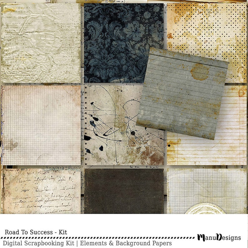 May include: A digital scrapbooking kit with 10 vintage-style papers. The papers feature different textures and patterns, including graph paper, lined paper, and a blue damask pattern. The kit is perfect for creating unique and personalized scrapbook pages.