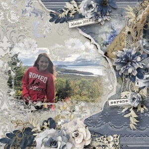 May include: A scrapbook page with a torn paper background, a photo of a girl in a red sweatshirt, and blue and white flowers. The page is decorated with lace, a vintage postcard, and the text "Alaina 2018" and "serene".