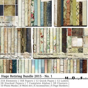 May include: A collage of digital paper packs for scrapbooking and digital design. The papers feature a variety of vintage and rustic designs, including floral patterns, wood textures, and old book pages. The text "Huge Retiring Bundle 2015 - No. 1" is displayed at the bottom of the image.