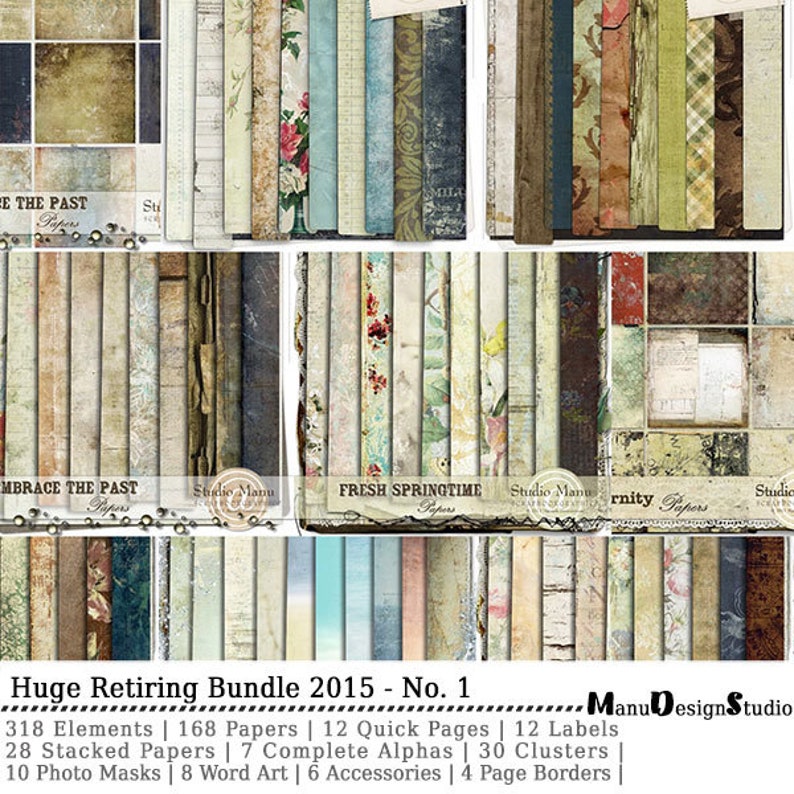 May include: A collage of digital paper packs for scrapbooking and digital design. The papers feature a variety of vintage and rustic designs, including floral patterns, wood textures, and old book pages. The text "Huge Retiring Bundle 2015 - No. 1" is displayed at the bottom of the image.