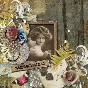 May include: A vintage-inspired scrapbook page with a photo of a young girl, a clock face, flowers, and the word "Memories". The page is decorated with lace, beads, and other embellishments.