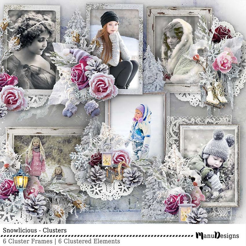 Digital Scrapbook Clusters - Snowlicious, Winter Digital Frame, Digital ...