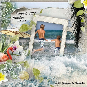 May include: A framed photo of two boys running into the ocean waves. The photo is surrounded by a beach scene with palm leaves, flowers, and a flamingo. The text "Sommer 2012 Tunesien 22.06.-29.06." is above the photo. The text "Hotel Thabraus in Mahdia" is below the photo.
