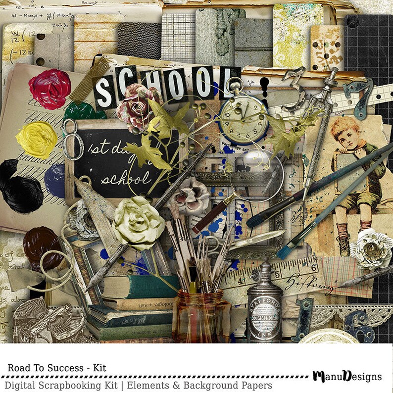 May include: A digital scrapbooking kit with a school theme. The kit includes a variety of elements, such as paintbrushes, a magnifying glass, a clock, a ruler, a bottle of ink, and a chalkboard with the words "1st day of school".
