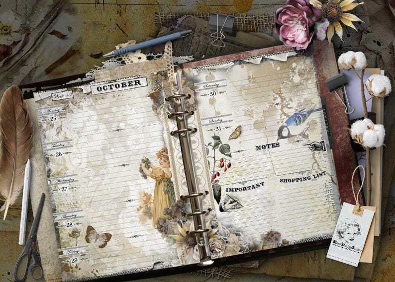 An open ring-bound planner with cream-colored lined pages featuring vintage-style illustrations of a person, a butterfly, a bird, and botanical elements. The text includes October, Notes, Important, and Shopping List. Accessories include a feather, scissors, a pen, and cotton stems.