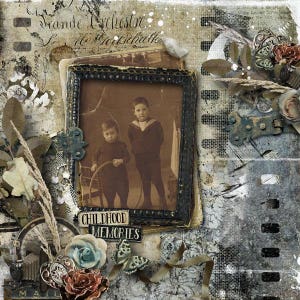 May include: A vintage-style scrapbook page with a black and white photo of two young boys. The photo is framed with a black frame and has the words "Childhood Memories" printed below it. The page is decorated with various embellishments, including flowers, butterflies, and a key.