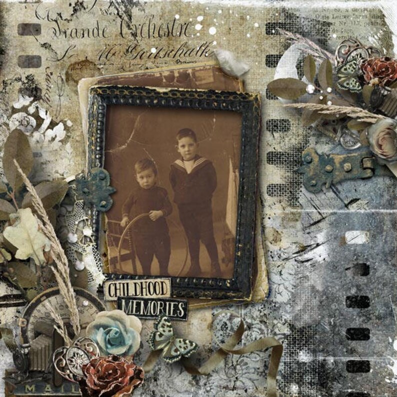 May include: A vintage-style scrapbook page with a black and white photo of two young boys. The photo is framed with a black frame and has the words "Childhood Memories" printed below it. The page is decorated with various embellishments, including flowers, butterflies, and a key.