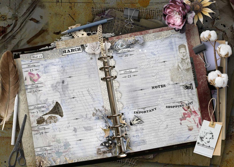 May include: An open ring-bound planner with lined pages featuring the month of March, week 11, and dates 15 through 21. The pages include vintage-style illustrations of a gramophone, a hand, and text labels for Notes, Important, and Shopping List.