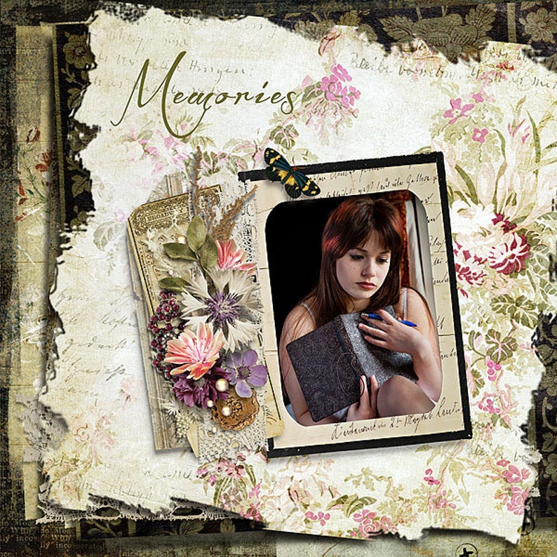 May include: A vintage-style scrapbook page with a floral background and a framed photo of a young woman writing in a journal. The page is decorated with flowers, lace, and a butterfly. The text "Memories" is written in cursive at the top of the page.