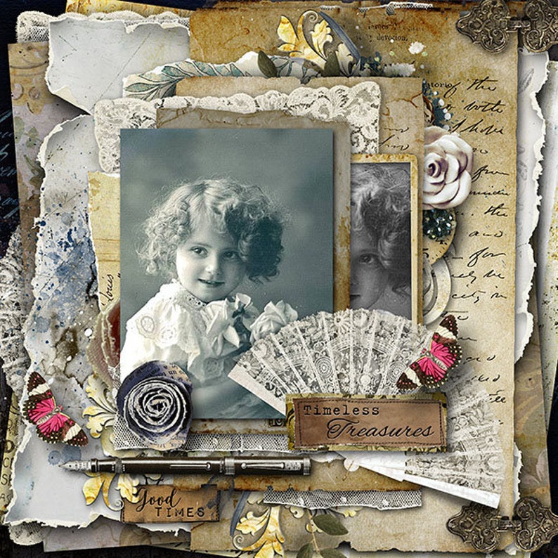 May include: A vintage-style scrapbook page with a black and white portrait of a young girl. The page includes a lace fan, paper ephemera, a rose, butterflies, and the text "Timeless Treasures" and "Good Times".