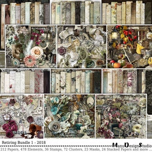 May include: A digital scrapbooking kit with a vintage aesthetic. The kit includes papers, elements, stamps, clusters, masks, and stacked papers. The kit features a variety of colors, including brown, green, white, and pink. The kit also includes text elements, such as "First Kiss", "Magic Moment", "Valentine's Day", and "Love".