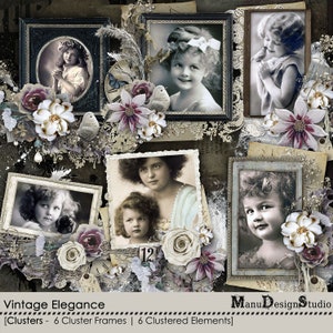 May include: Vintage style digital collage featuring six clustered frames with black and white photos of children. The frames are decorated with white and purple flowers, lace, and other embellishments. The text "Vintage Elegance" and "[Clusters - 6 Cluster Frames | 6 Clustered Elements]" is at the bottom of the collage.