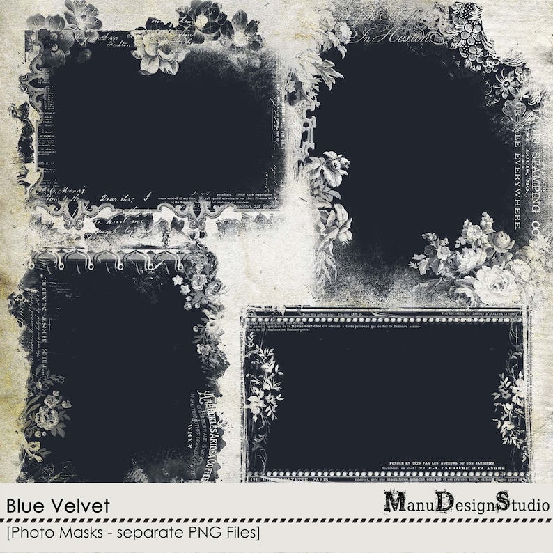 May include: Four black and white photo frames with floral designs. The frames are on a textured background with a grunge effect. The text "STAMPING CO" and "SALE EVERYWHERE" is visible in the top right corner of the image. The text "Blue Velvet" and "[Photo Masks - separate PNG Files]" is visible at the bottom of the image.