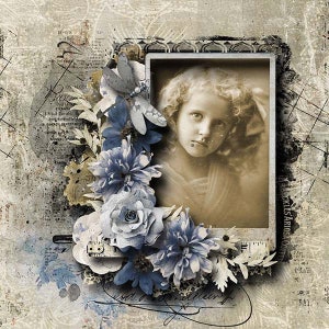 May include: A vintage photograph of a young girl with curly hair, framed with a decorative border and surrounded by blue flowers and a butterfly. The background is a textured, distressed surface with faded text.