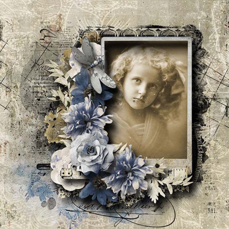 May include: A vintage photograph of a young girl with curly hair, framed with a decorative border and surrounded by blue flowers and a butterfly. The background is a textured, distressed surface with faded text.